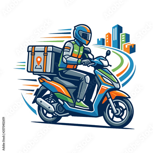 Delivery rider on a vibrant scooter speeds toward the city