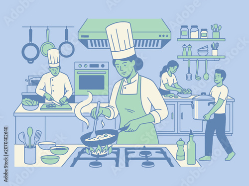 Team of professional chefs cooking in a commercial kitchen