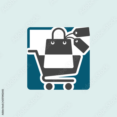 A shopping cart icon with a bag and price tags