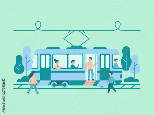 Flat vector illustration of people using a city tram