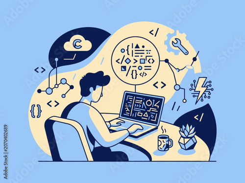 A software developer works on complex code at a desk