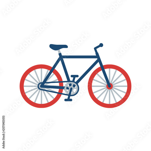 A simple flat illustration of a blue bicycle with red wheels