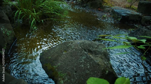 豊かな自然に囲まれた日本庭園の岩間を流れる清らかな小川 4Kシネマティック素材