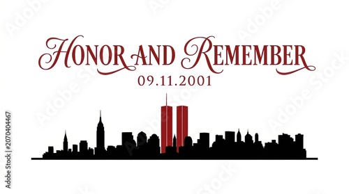 Silhouette of the New York City skyline featuring the World Trade Center Twin Towers in a clean vector illustration style. Commemorative Patriot Day banner design marking 09.11.2001.