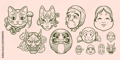 Fotografía Japanese mask spirit pattern, traditional culture background, oriental folklore