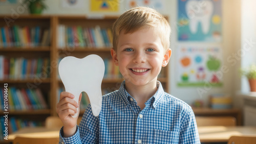 Smiling Caucasian boy holding white tooth cutout, back to school dental lesson and oral hygiene education for children in classroom
