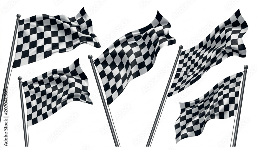 Naklejka premium Set of checkered racing flags waving on metallic poles from different angles isolated on white background