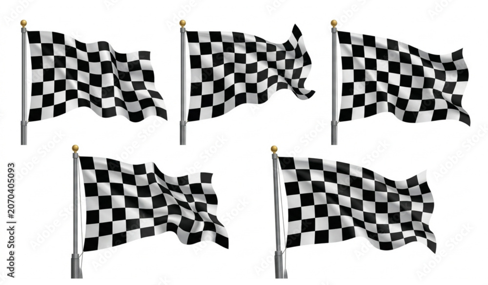 Naklejka premium Set of checkered racing flags waving on metallic poles with gold finials isolated on white background