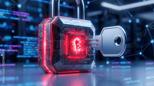 Cyber security concept with silver key and locked digital device glowing in red futuristic scene