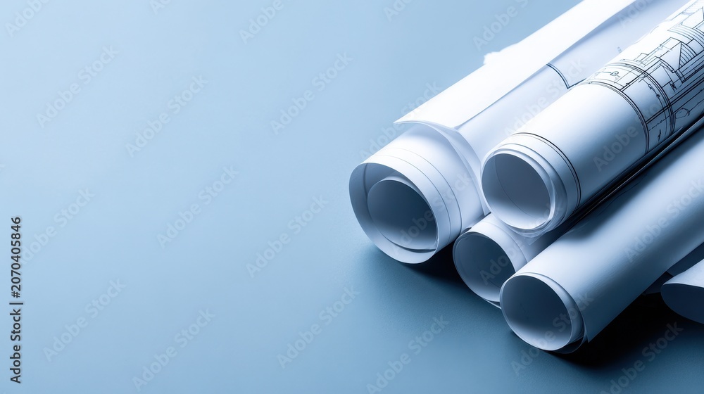 Obraz premium Rolled architectural blueprints and blank paper against a serene blue background, symbolizing design and development.