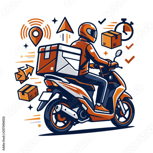 Obraz na płótnie A delivery rider on a bright orange scooter delivers swiftly