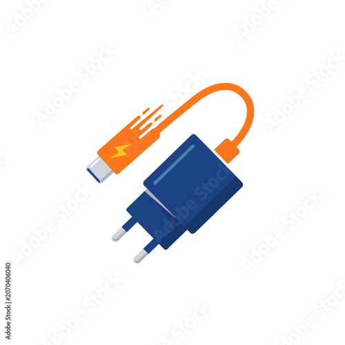 Obraz na płótnie A compact blue charger adapter with an orange USB-C cable