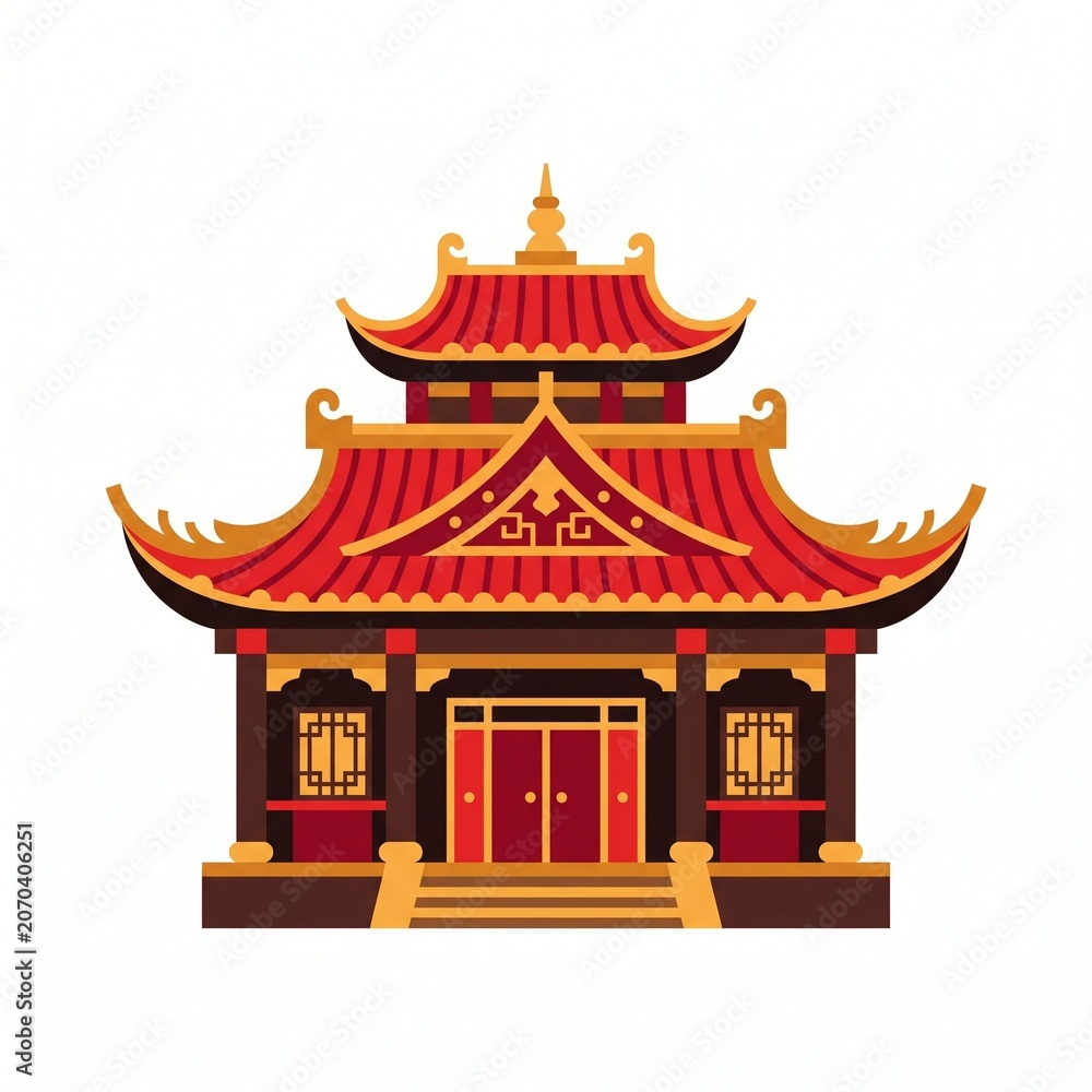 Fototapeta premium Traditional Chinese Temple Building with Red Roof and Ornate Architecture in Flat Design