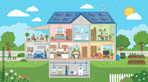Detailed CAD Cross-Section of a Sustainable Smart Home Illustrating Eco-Friendly Living and Modern Daily Life