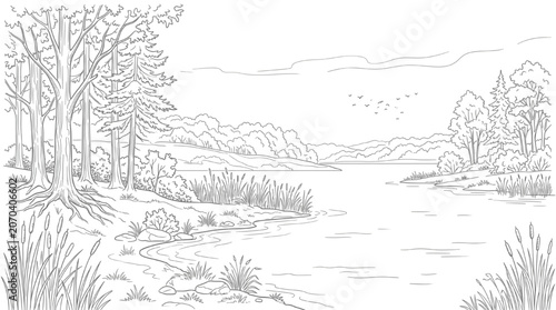 Detailed CAD Style Line Art Illustration of a Peaceful River Landscape with Trees