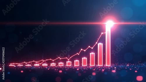 A stock market graph with an upward trend on a dark blue background, in a flat illustration style, with glowing lines and a sense of technology.