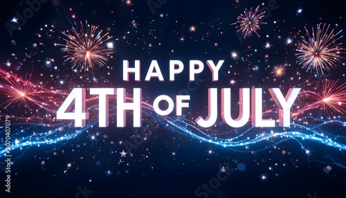 Happy 4th of July Celebration with Fireworks at Night adobe stock