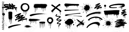 Foto Black spray paint graffiti drips splatters and lines set, urban street art grung