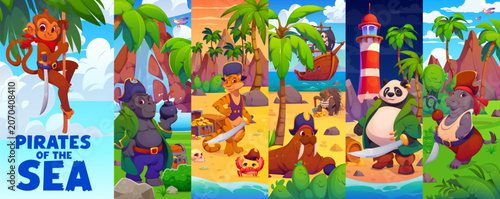 Fotografie Cartoon animal pirates and funny corsair sailors collage