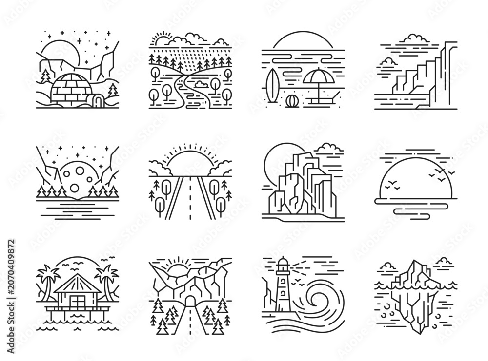 Fototapeta premium Landscape vector line icons of scenery nature views. Mountain lake at night, summer beach sunset and tropical island house, road tunnel, sea wave, lighthouse and fjord nature landscape outline icons