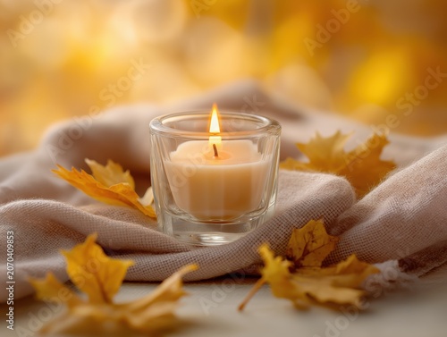 Lit candle in a glass holder surrounded by fall leaves and a soft fabric cloth for autumn vibes