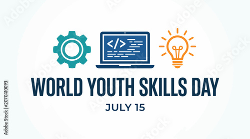 World Youth Skills Day banner with gear coding and lightbulb icons.