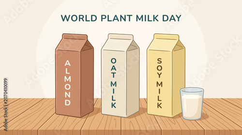 World Plant Milk Day illustration with almond oat and soy milk cartons