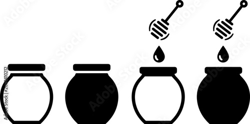 Foto Honey pot icons set with honey dipper and dripping honey drop