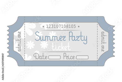 Summer party. Blue color Ticket admit one. The ticket is decorated with white flowers, the date and price are indicated on it. Handwritten lettering. Color vector illustration. Tear-off ticket.