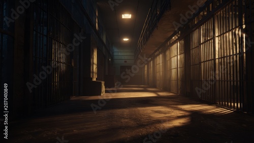 Dimly lit prison corridor, bars and shadows. Artificial intelligence image