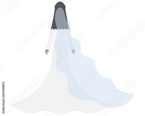 A bride in a white dress and a long, translucent blue veil. View from the back. Lady with long black hair. Color vector illustration. Isolated on white background. Flat style.