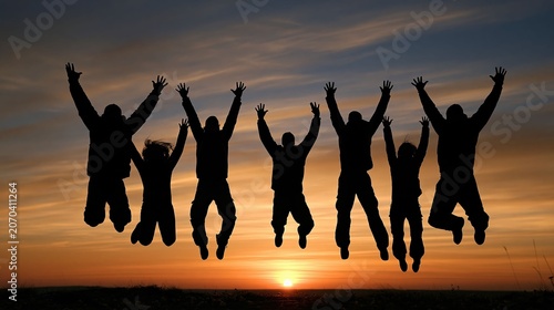 Work Life Joy, Colleagues jump outdoors under warm sunlight, reflecting work-life balance, joy, and a healthy lifestyle.