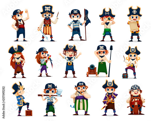 Photos Cartoon kid corsair and pirate fighters, captain, boatswain, skipper and sailor funny characters