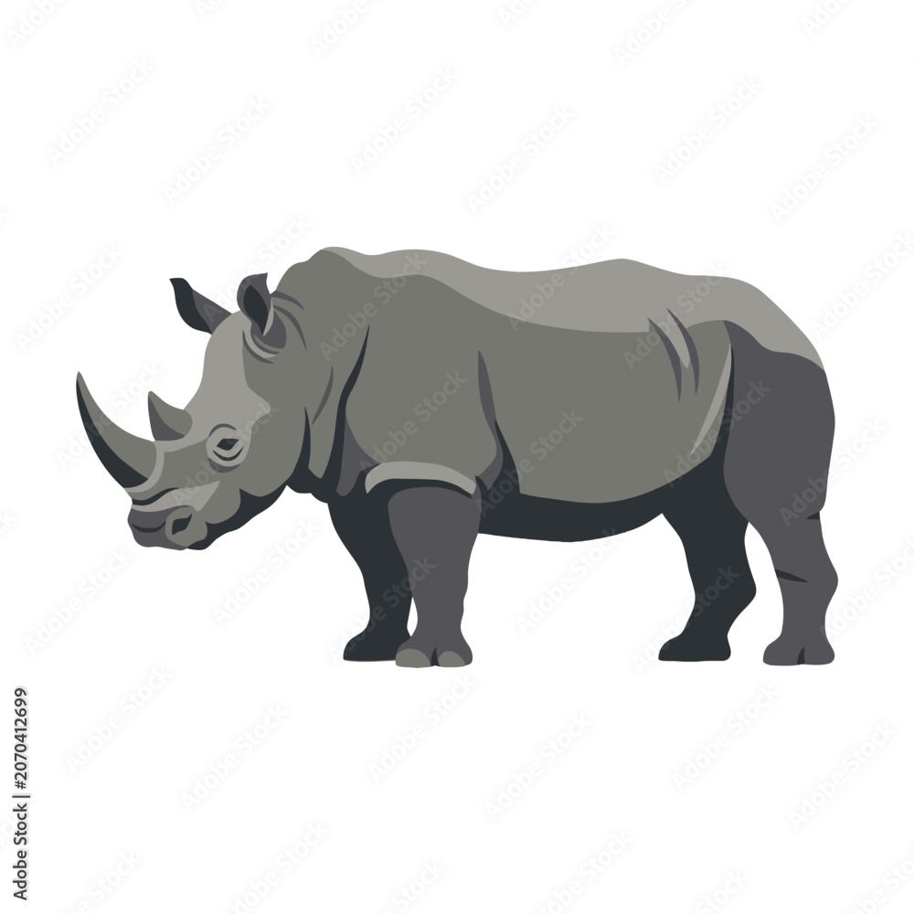 Fototapeta premium A powerful grey rhinoceros stands alone on a white background