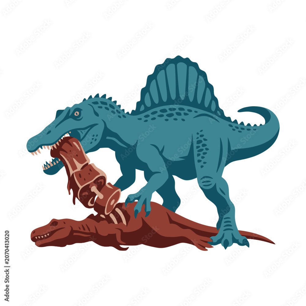 Fototapeta premium A Cartoon Spinosaurus bites a brown dinosaur in a colorful duel