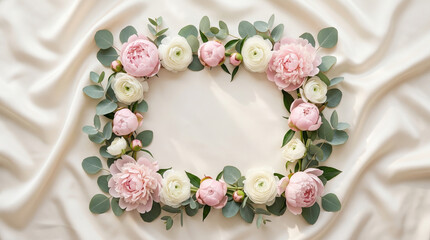 Elegant floral wreath with pink peonies and eucalyptus on silk background