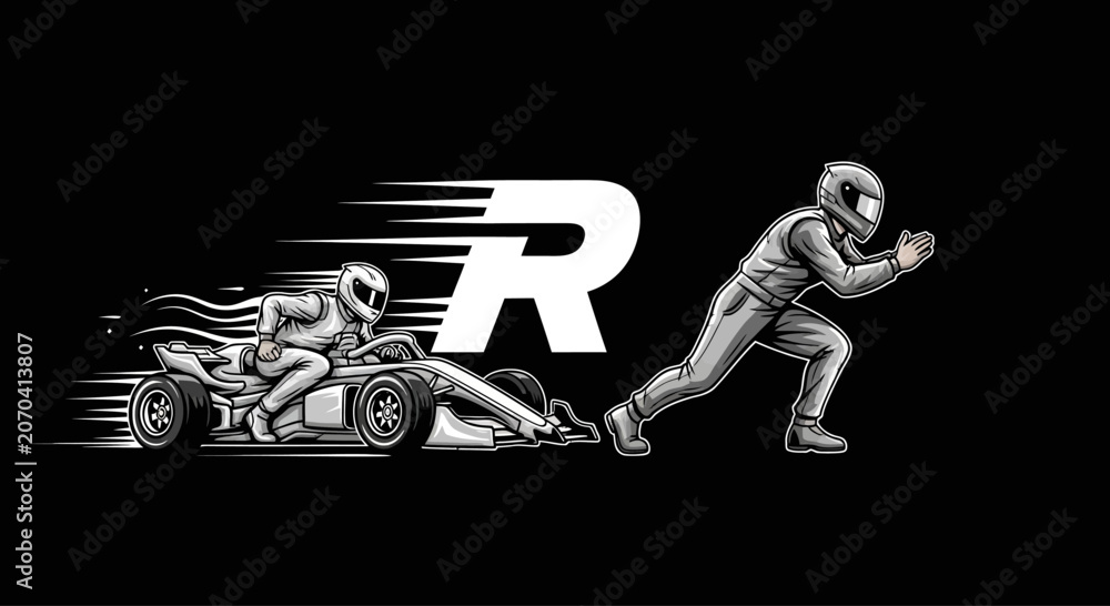 Naklejka premium Race Car Driver Pushing F1 Car Forward, Speed, Competition, Motorsport