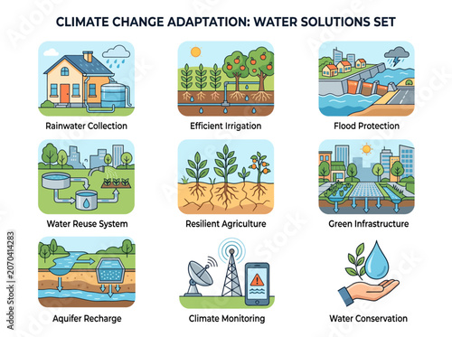 Climate change adaptation water solutions illustrated set with various sustainable methods.