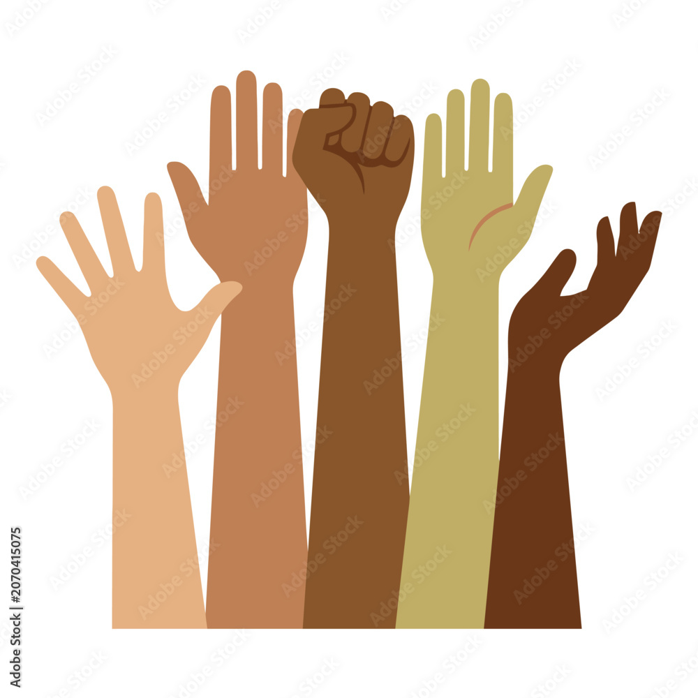 Fototapeta premium Diverse raised hands symbolizing unity and communal support