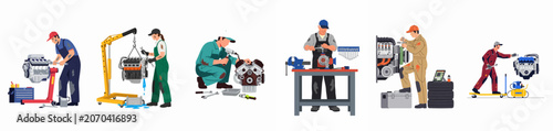 Tableau sur toile Flat vector illustration set of professional auto mechanics performing engine repairs, maintenance, and diagnostics in a modern garage workshop environment