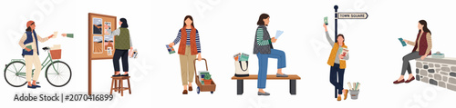 Fotografía Diverse women engaged in community outreach, distributing flyers, pinning posters, and sharing information in a flat vector illustration style