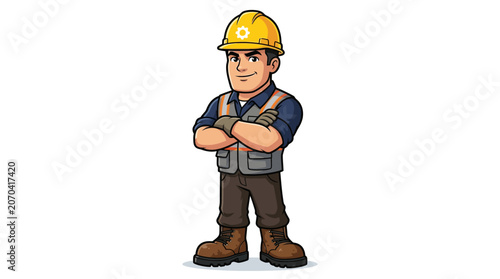 Cartoon construction worker in hard hat.
