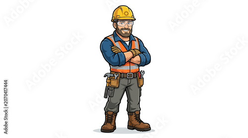 Cartoon Construction Worker Standing Confidently.