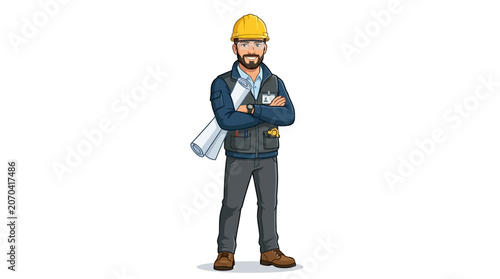 Cartoon man wearing yellow hard hat.