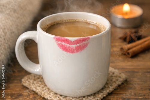 A cup of coffee with a distinct pink lipstick imprint