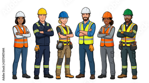 Diverse construction workers in safety gear.