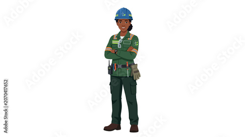 Man wearing green uniform and helmet.