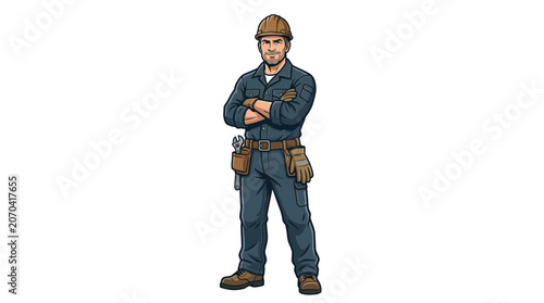 Man wearing blue work uniform standing.