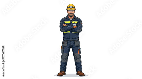 Man wearing safety gear standing confidently.