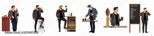 Canvastavla Set of stylish men in leather jackets enjoying craft stouts and dark beers in various pub and brewery settings
